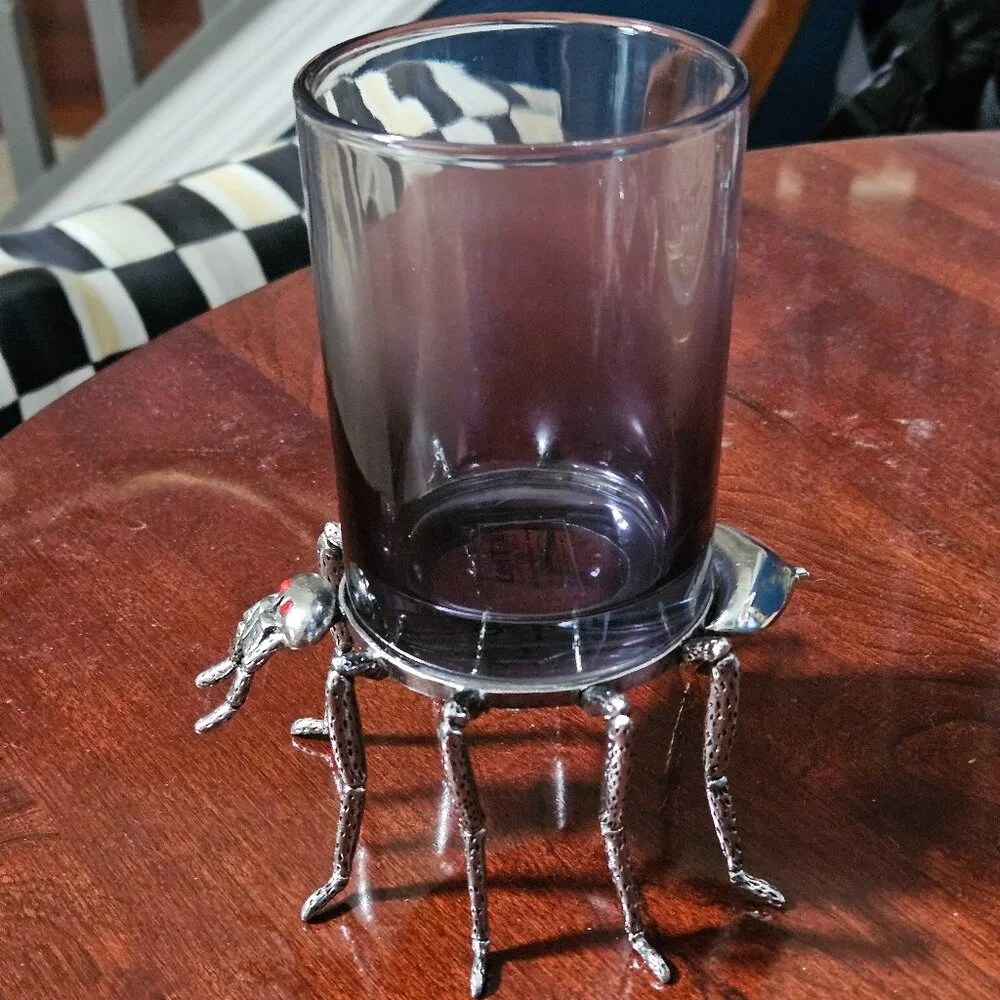 RARE HALLOWEEN METAL SCARY SPIDER RED EYES WATER BAR GLASS GOBLET CANDLE HOLDER